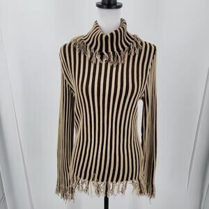 Us Three Sweater Womens Medium Brown Tan Striped Distressed Frayed Knit Pullover